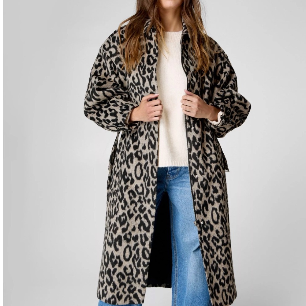 Leopard Print Long Women's Coat - Beige/Black